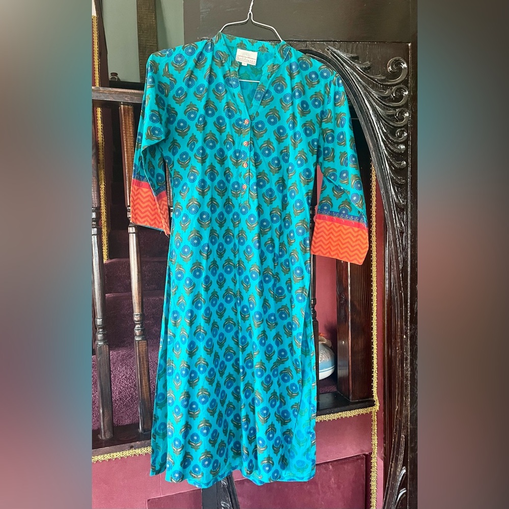 Blue Teal Printed Kurta with Orange Cuff Detail